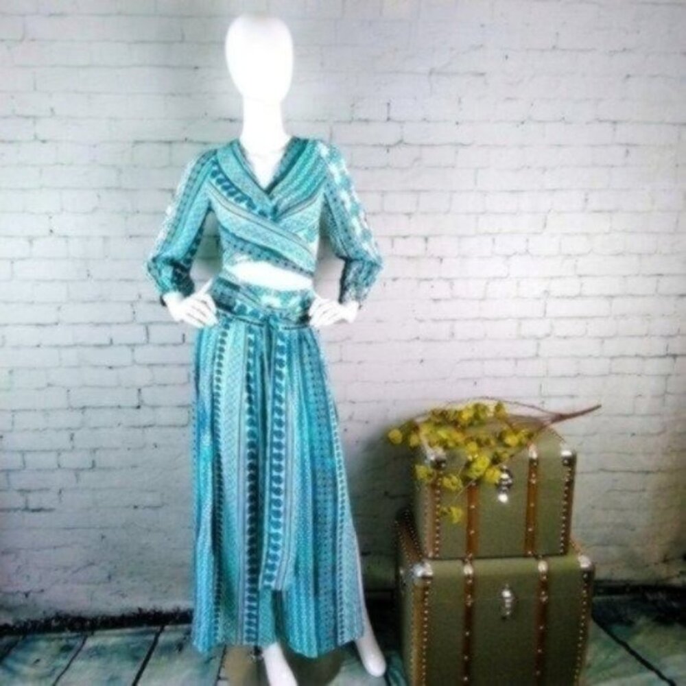 Zhu Ulma Paisley Wrap Pants Set Aqua Blue XS
